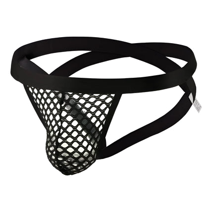 Men's T-back double G-string underwear in black net, low waist, knitted polyester, free size