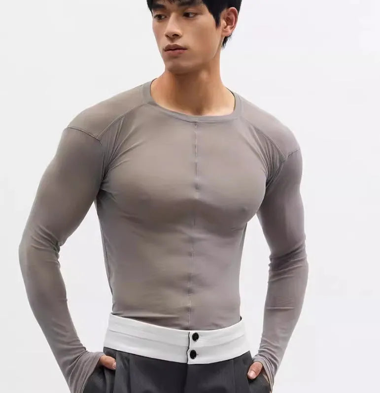 Slim-fit Pullover Long Sleeve Top in Mesh PU Material with See-through Texture, Slimming Black or Grey Round Neck Long Sleeve Shirt Regular Length Asian Size Chart Available