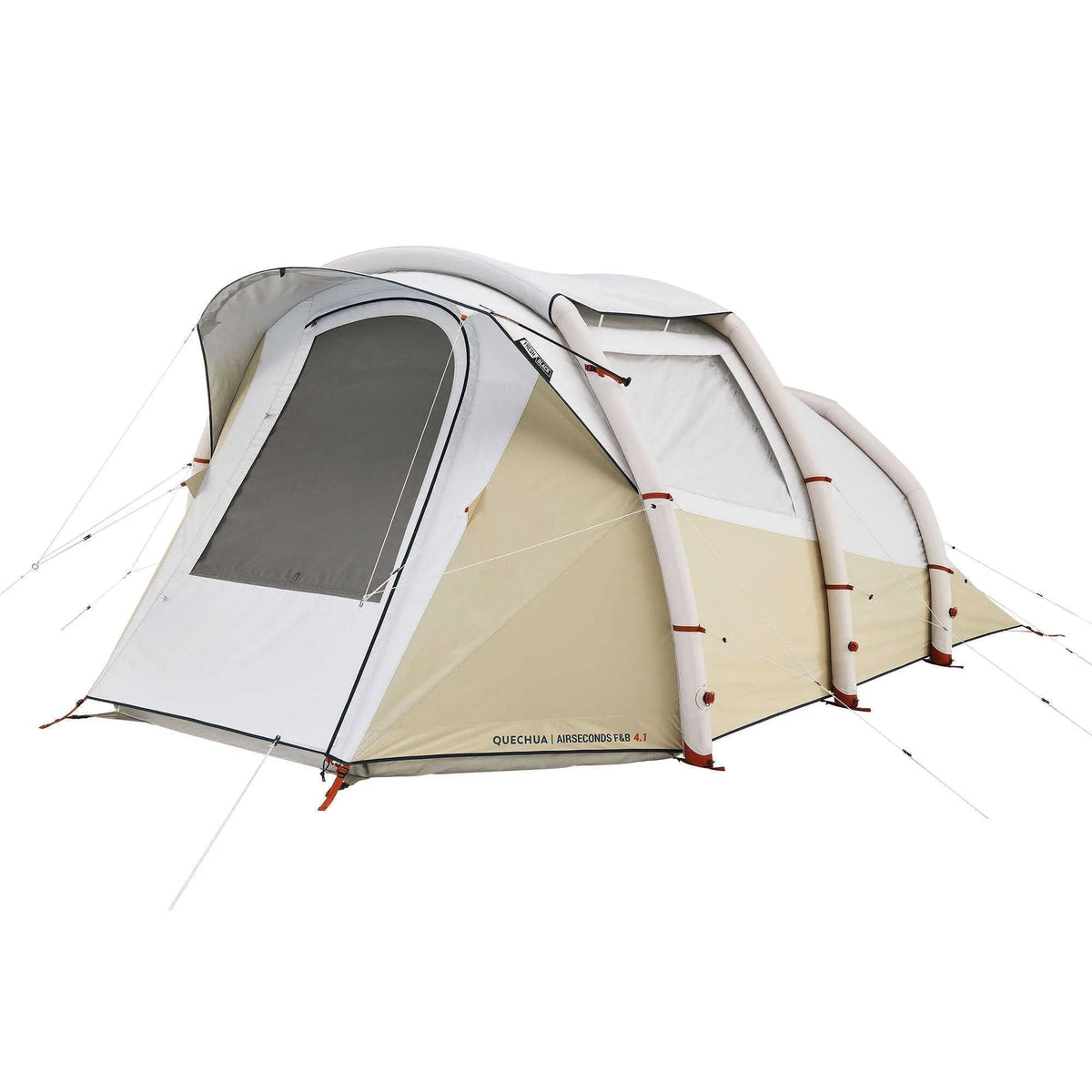 Inflatable four-person camping tent with one bedroom, one living room, rainfly and hand pump