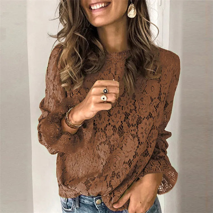 Women's loose fit hollow lace street shirt in green, showing round neck and long sleeves.