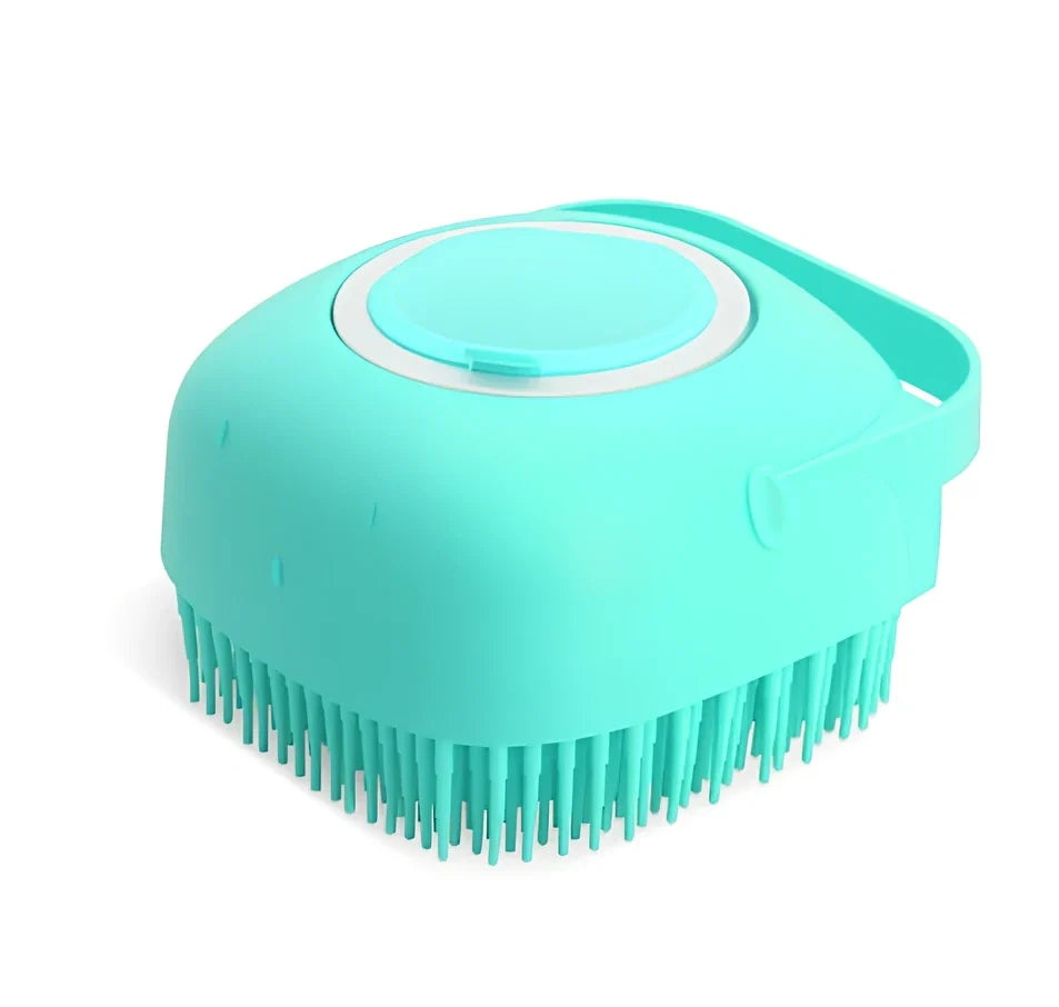 Yellow silicone shower brush with 45cm handle and 10cm x 8cm brush head containing 3,000 bristles