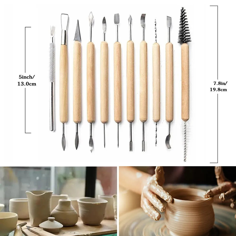 11-piece clay pottery tool set with wooden handles and stainless steel working ends