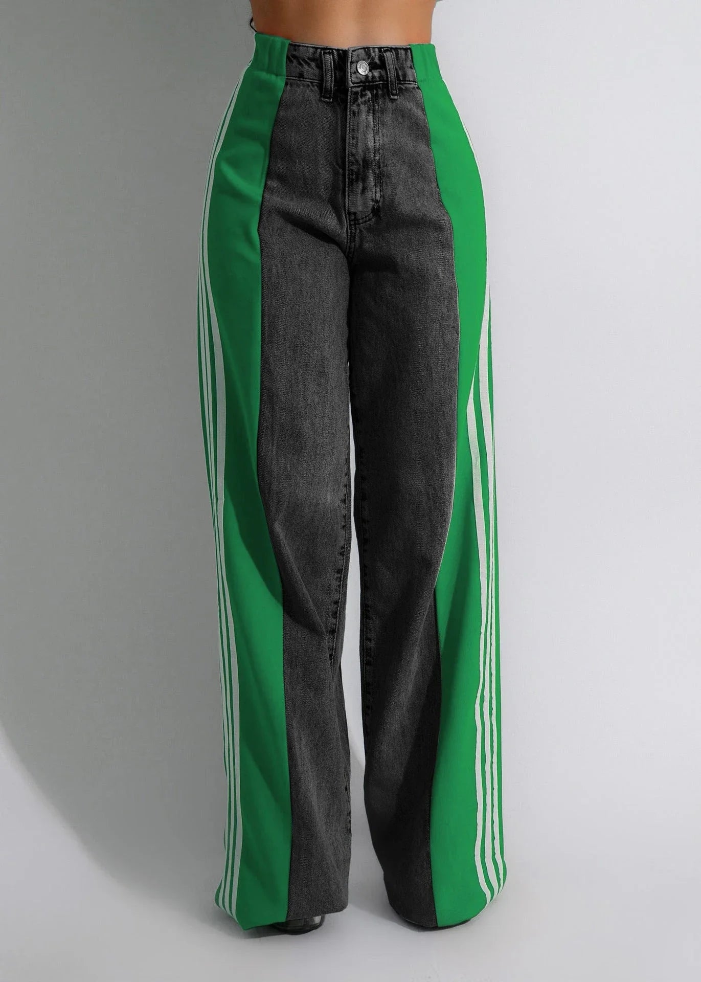 Stylish denim pants with three-stripe patchwork design in various color options