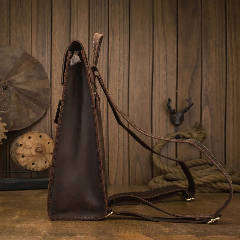Dark brown genuine leather men's travel bag with vertical square design and double shoulder straps