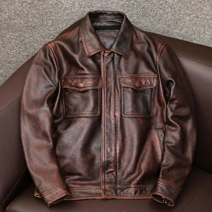 Retro Kaji style black PU leather jacket with lapel, loose fit, on a middle-aged male model.