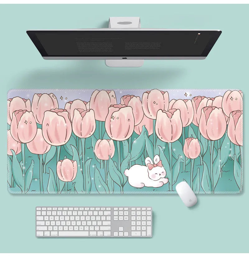 Large cartoon flower pattern mouse pad with non-slip rubber base on desk