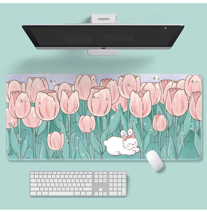 Large cartoon flower pattern mouse pad with non-slip rubber base on desk