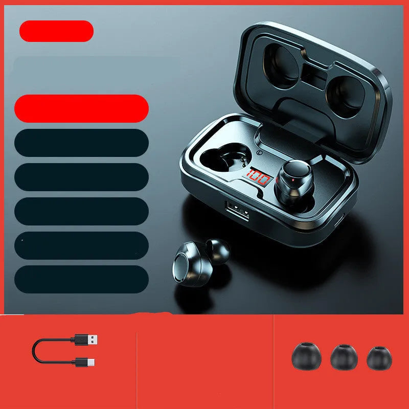 Wireless in-ear earphones in black, blue, or red with Bluetooth 5.0 and 10-metre range