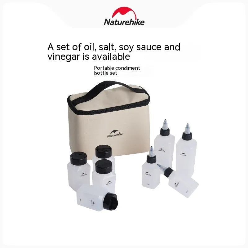 Portable food seasoning bottle set for outdoor picnics and camping, modern simplicity design, PP material seasoning bottle six-piece set weighing approximately 257g, Naturehike seasoning jar suit for cooking supplies.