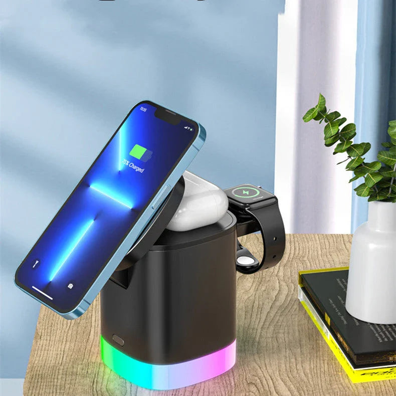 3-in-1 wireless charging station with magnetic functionality and smart lighting for smartphones, smartwatches, and earbuds