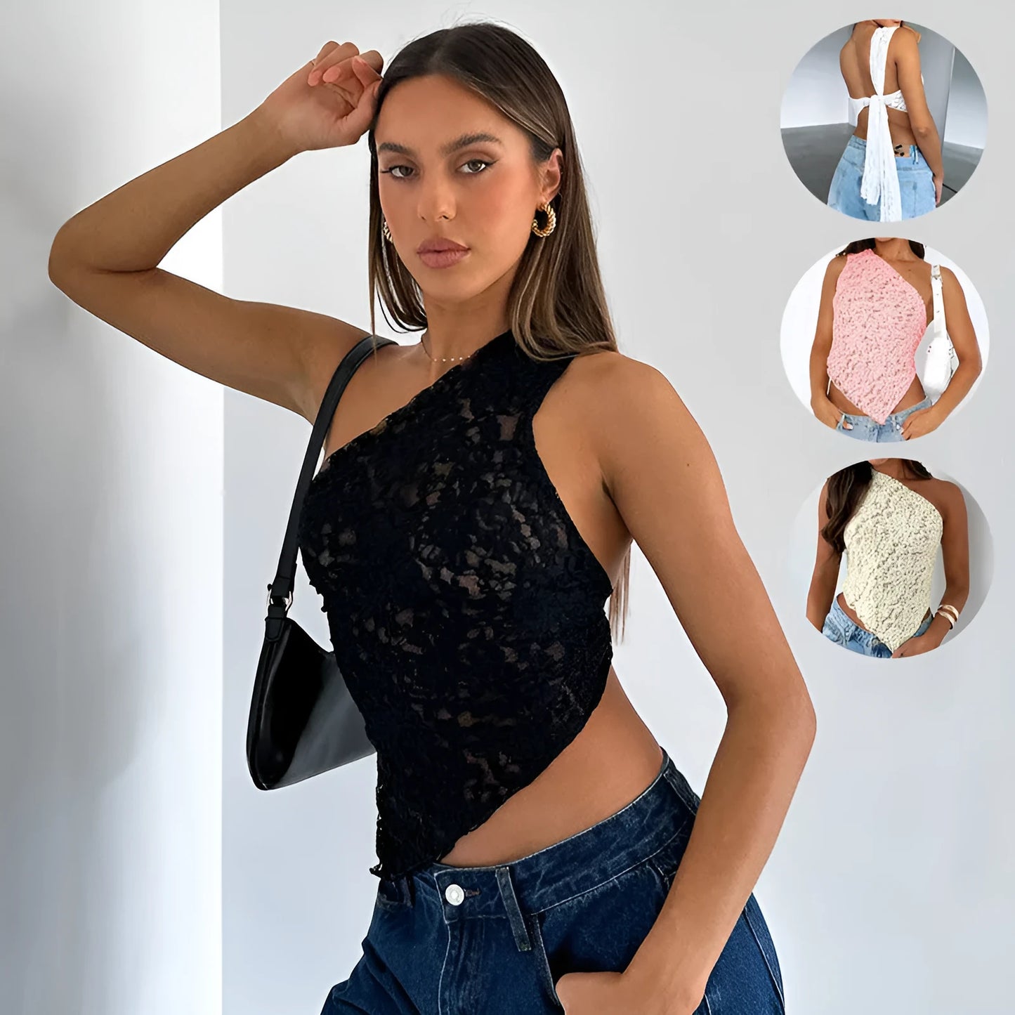 Women's backless lace vest top with asymmetrical neckline in solid colour.