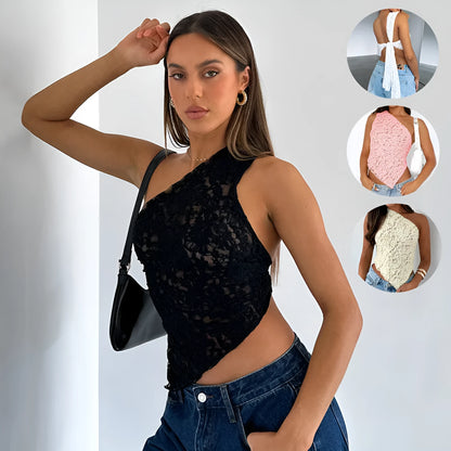 Women's backless lace vest top with asymmetrical neckline in solid colour.