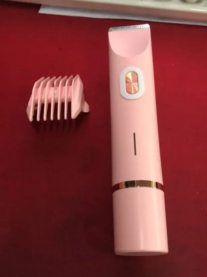 Pink electric shaver with double head, USB cable, and brush for women's body grooming