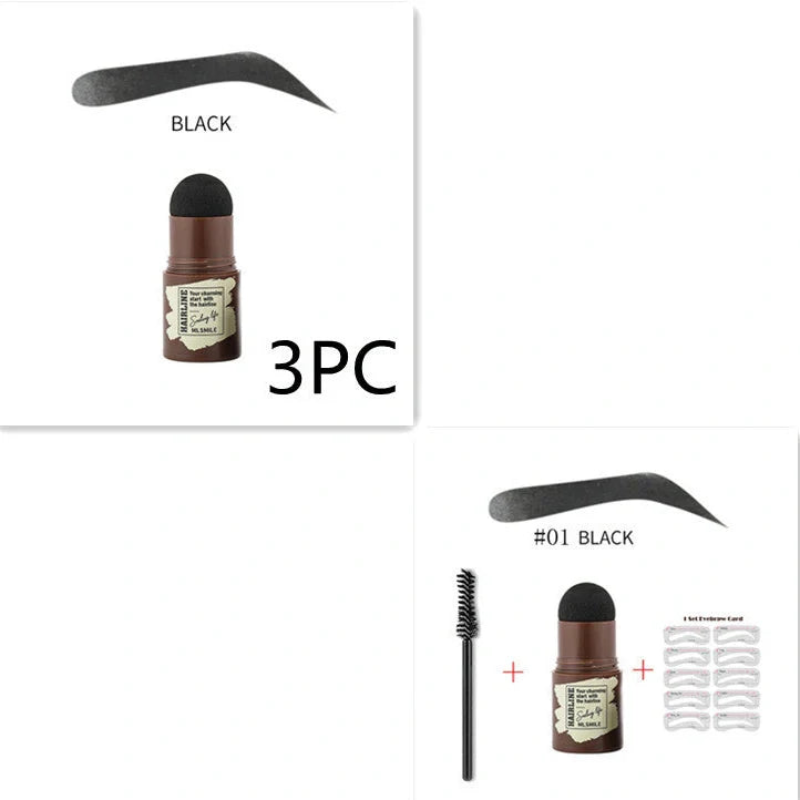 Eyebrow stamp kit with powder compact, air cushion applicator, 10 stencil cards, and dual-ended brow brush on white background
