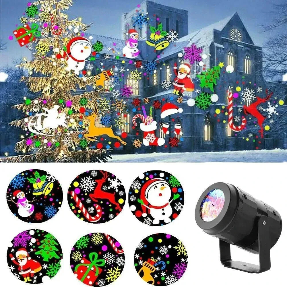 Dazzling LED snowflake projection light with various holiday-themed patterns for festive indoor and outdoor decoration