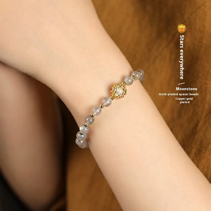 Hand-woven gray moonstone fairy lucky bracelet with sunstone and strawberry quartz peach blossom crystals