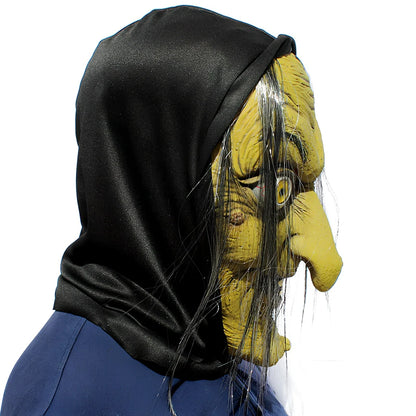 Latex witch mask with elastic strap showing realistic facial wrinkles and pointed nose design for Halloween costumes
