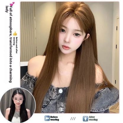 Warm brown long straight lace front wig with centre-parted bangs