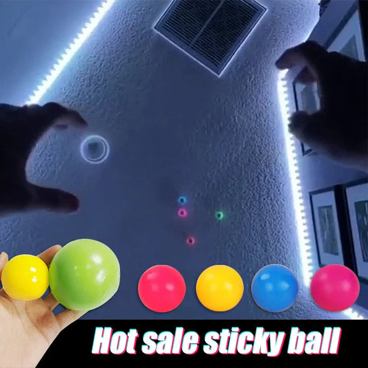Colorful, luminous stress relief balls with a sticky surface for bouncing, squeezing, and sticking to surfaces