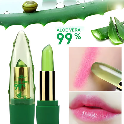 Aloe vera gel colour changing lipstick gloss in a tube, shown with a swatch of its adaptive pink shade.