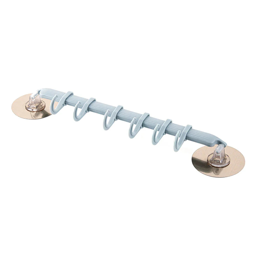 Sleek wall hook organizer with 6 movable hooks, made of durable PVC and ABS materials for easy, damage-free installation