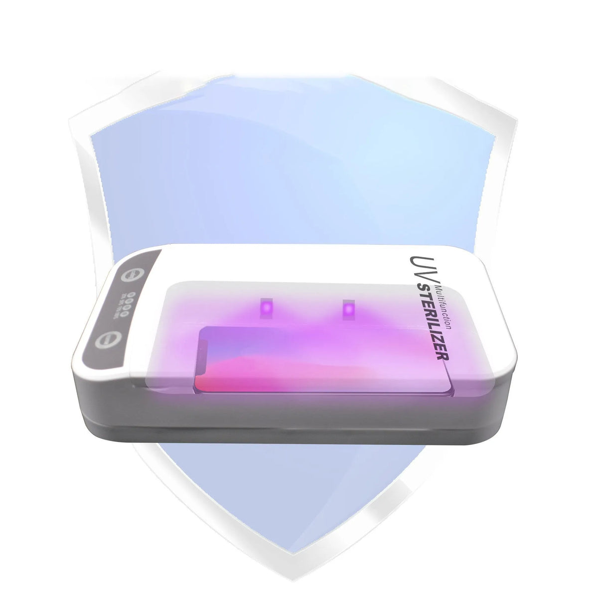 Compact UV disinfection box showing internal chamber with four UV-C lamps for sanitising mobile phones