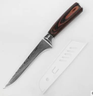 Professional chef knife with laser-etched Damascus pattern on 7Cr17 steel blade and coloured wood handle.