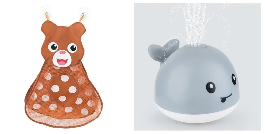 Grey or white electric whale bath toy spraying water with LED lights on a base.