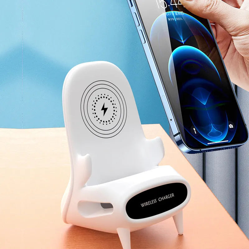 White portable mini chair wireless charger on desk with phone, showing compact 96.3mm size and fast charging