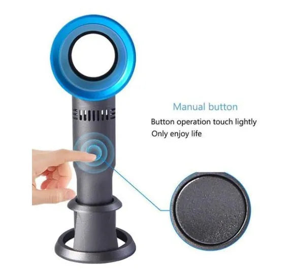 Portable bladeless fan with USB cable and base, showing compact design and bladeless airflow