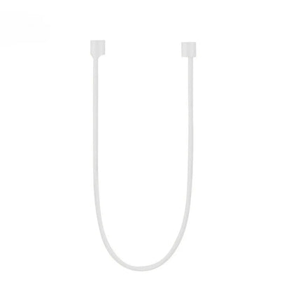 AirPods silicone protective case with shockproof bumper and a white anti-loss rope attached.