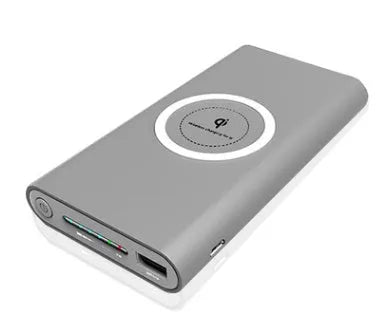 10000mAh wireless power bank in black, grey or white with USB cable and Qi wireless charging, ABS plastic, 135 x 73 x 19mm.