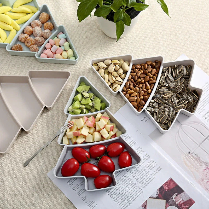 Christmas tree shaped plastic platter with divided sections for snacks and desserts