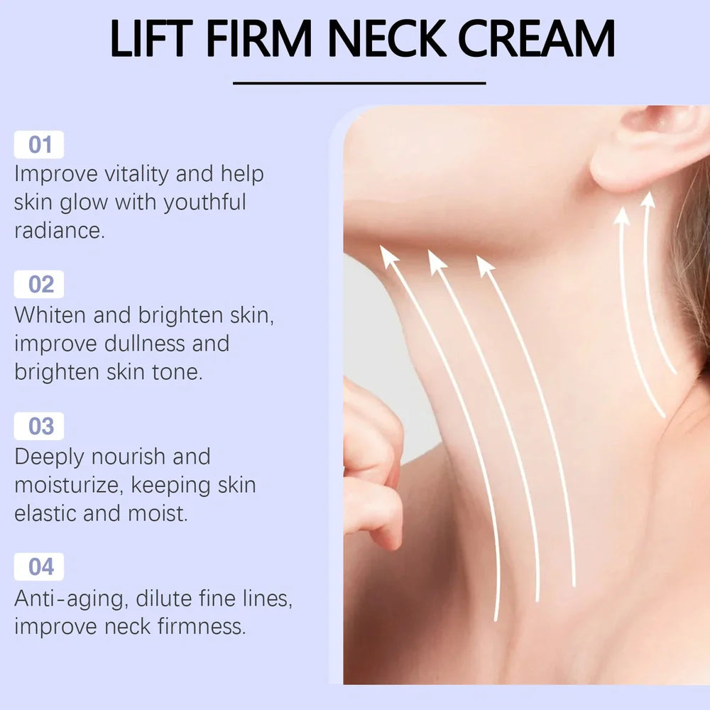 Neck skin cream in 6cm by 6cm by 3.8cm container with 50g moisturising and firming formula