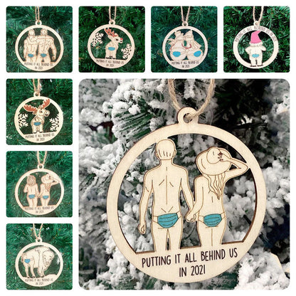 Laser-cut wooden Christmas tree pendant with lovers, snowman, and deer designs