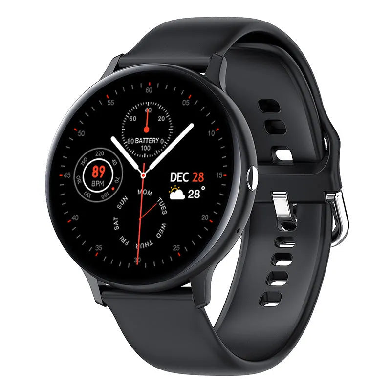 Black smart bracelet with a zinc alloy case and a 1.3-inch touch screen displaying heart rate data.