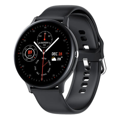 Black smart bracelet with a zinc alloy case and a 1.3-inch touch screen displaying heart rate data.