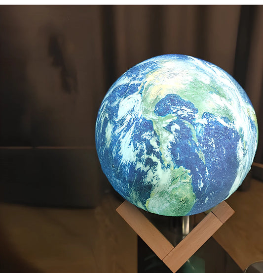 3D printed Earth lamp showing mountain details on 15cm spherical night light with LED illumination