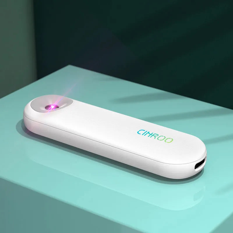 White portable UV steriliser lamp showing compact 116mm design with USB-C charging port