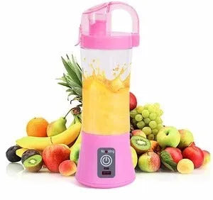Blue handheld electric fruit juicer with USB port, 400ml cup, and blending blades on a kitchen counter