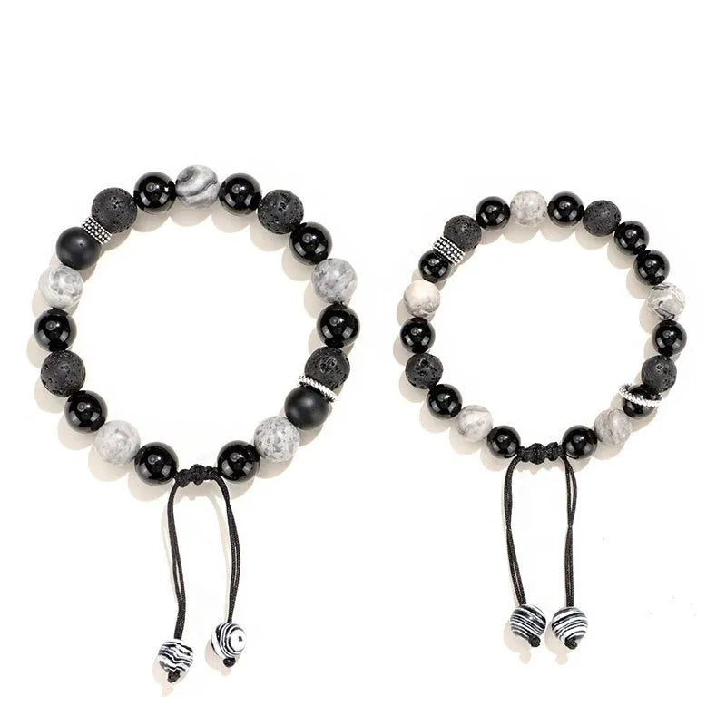 New Chinese Style black agate map stone volcanic rock bracelet with diamond-shaped stones for men and women.