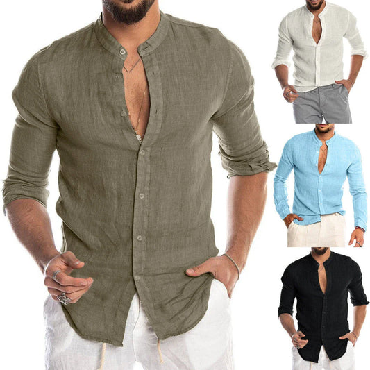 Stylish men's linen button-down shirt in a variety of classic colors