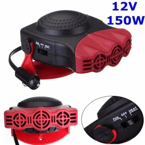 Compact in-car windscreen defroster with dual heating and cooling modes, designed for British drivers to quickly clear frost, mist and condensation for improved visibility and safer driving