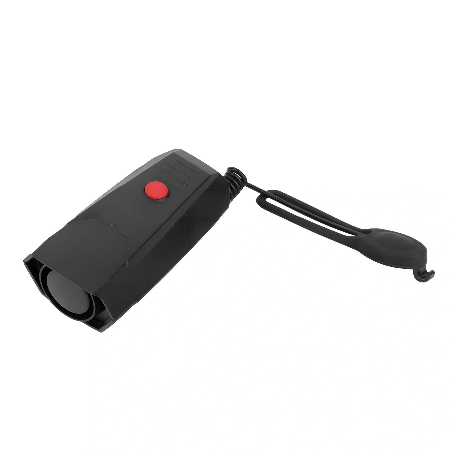 Black bicycle electronic horn measuring 94mm with 110dB sound output for cycling safety
