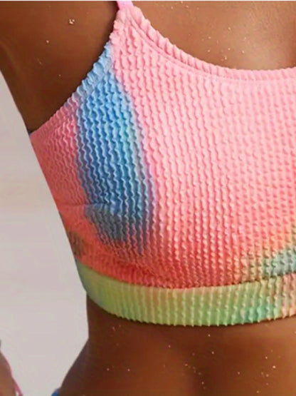 Women's tie-dye pleated split bikini in gradient colours with brief style design