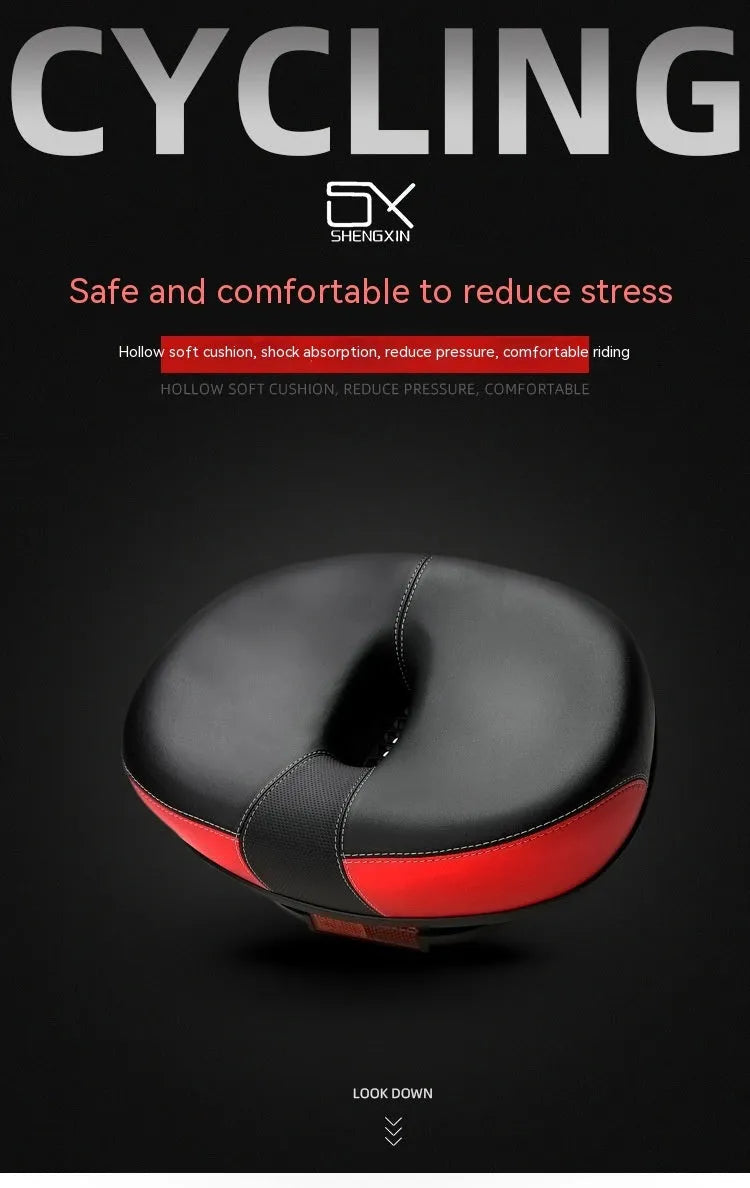 Thickened red mountain bike saddle with reflective details and shock absorber.