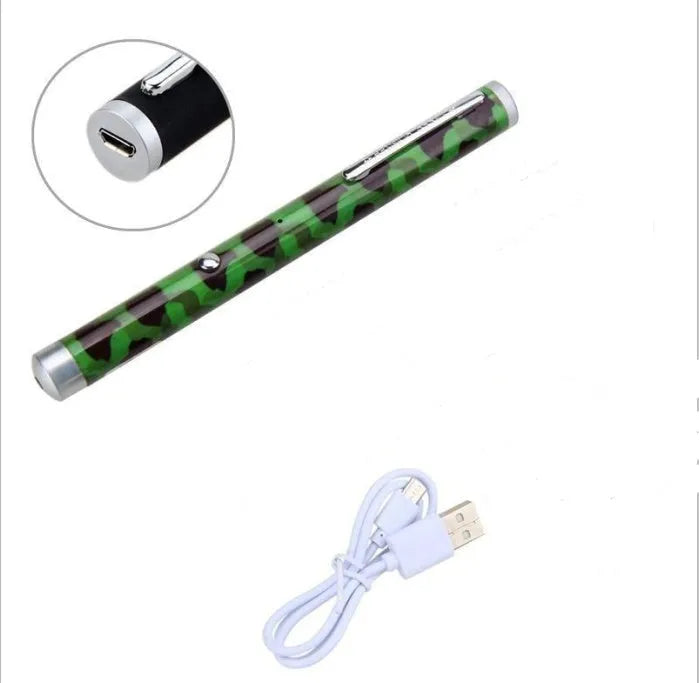 Green laser pointer pen showing beam projection with black, camouflage, and white colour options