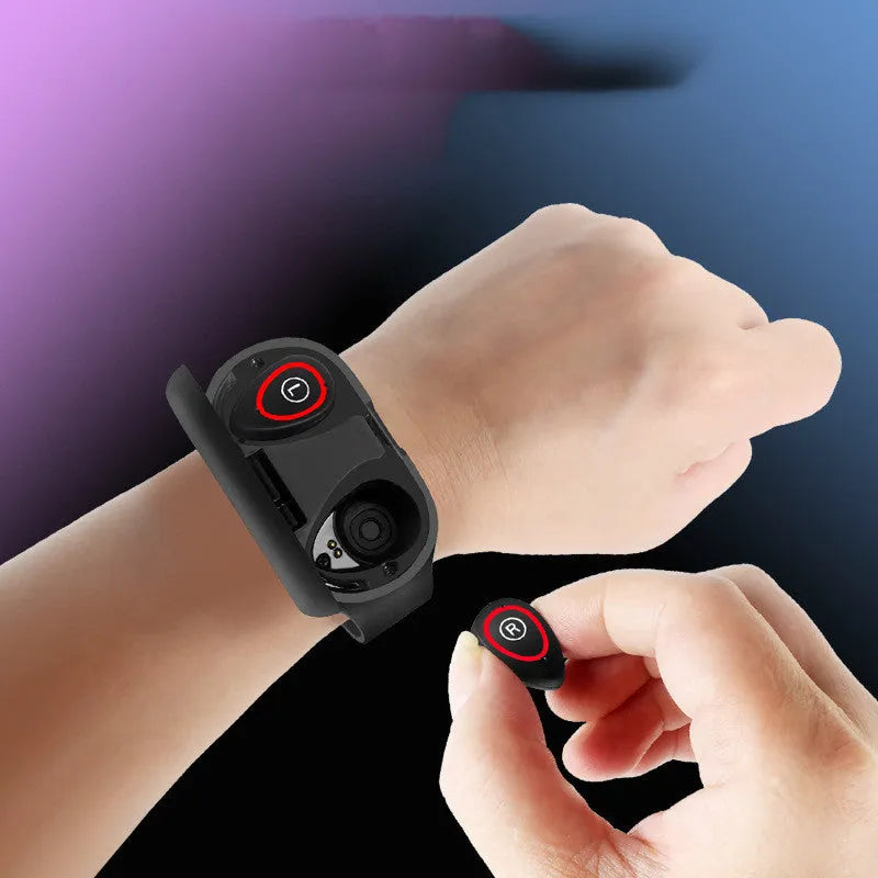Smart bracelet with built-in earphones features a 1-inch touchscreen and 130mAh battery, offering step counting, sleep analysis, and wireless communication over 10m, available in black, blue, or red silicone wristbands.