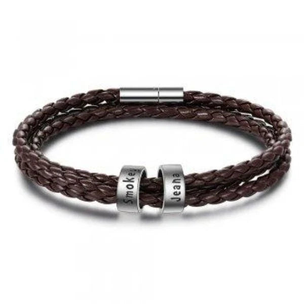 A personalized leather bracelet with engraved beads, a thoughtful gift for men