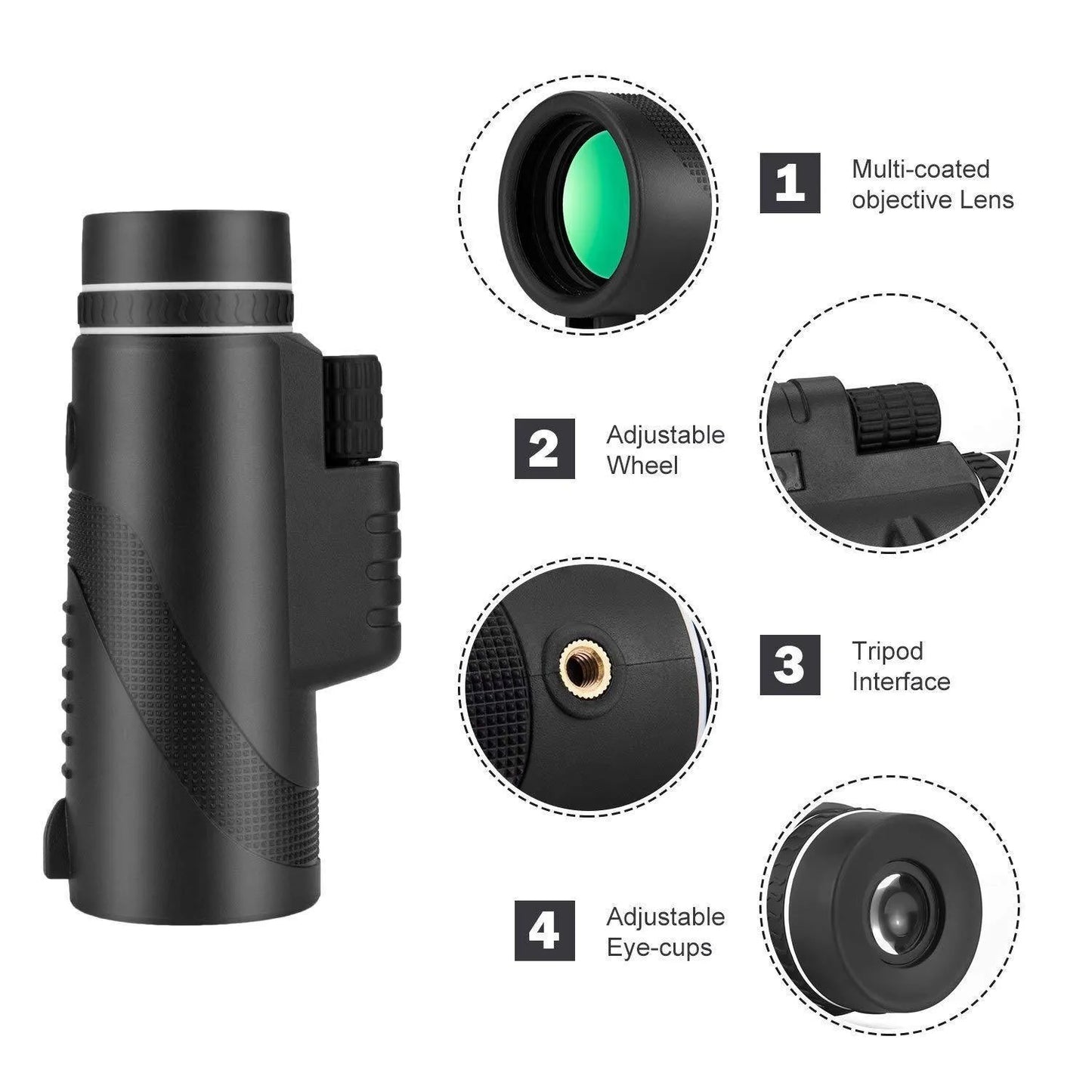 Black HD 40x60 monocular telescope with smartphone attached, showing 40x magnification and compact design.